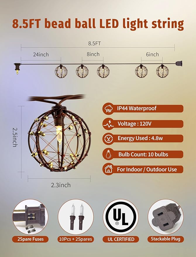 8.5Ft Outdoor Decorative Patio Lights, 10L Beaded Copper Wire Ball Style Lantern Lights, Connectable Weather-Resistant Indoor Outdoor Boho String Lights for Home Pergola campings Porch Party Backyard