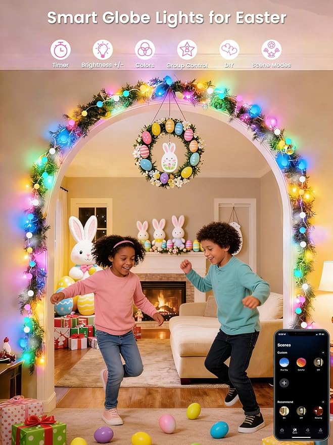 Smart Color Changing Easter Lights Outdoor Indoor, 33FT 66LED App Control RGB Globe Pastel String Light with Remote & Timer, Music Sync Twinkle Fairy Light for Girl's Bedroom Easter Decorations