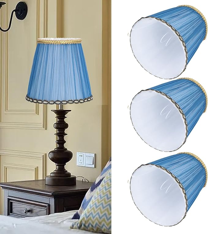 3Pcs Small Lamp Shade, Clip on Pleated Barrel Lampshade with Gold Trim Fabric Lampshade for Table Chandeliers Wall Floor Lamp, 3.9" Top x 5.3" Bottom x 4.9" Height (Blue)