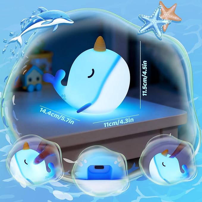 Blue Narwhal Night Light, Cute Squishy Silicone Lamp, Dimmable Touch Control Narwhal Gifts for Boys Girls, Ocean Animal Nursery Lamp for Birthday Christmas Decor