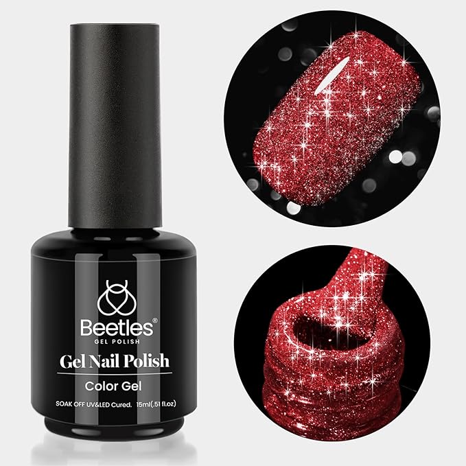 Beetles Red Gel Nail Polish - 15ml Sparkly Glitter Diamond Red Gel Polish for Girls & Women - Soak Off, UV Nail Lamp Included Valentines Gift for Women