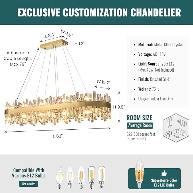 Siljoy Modern Crystal Chandelier, 20-Light Luxury Rectangular Brushed Gold Crystal Chandelier Lighting, Large Oval 2-Tier K9 Crystal Pendant Ceiling Light for Dining Living Room Kitchen Island, L52''