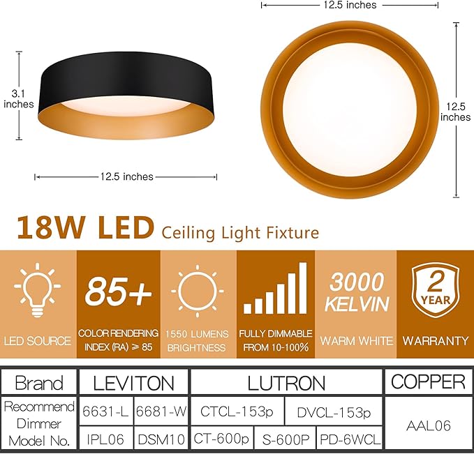 Bargeni Flush Mount Ceiling Light,12.5 inch LED Ceiling Light Fixture,Matte Black with Gold Inside,3000K/Warm White/18W(100w Equiv.),Dimmable Outdoor Lighting Fixtures Ceiling for Bedroom and Hallway