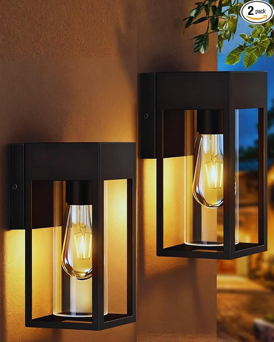 2-Pack Outdoor Wall Light Fixtures, Waterproof Exterior Wall Lanterns, Porch Lights with E26 Sockets & Cylinder Glass Shades, Modern Matte Black Wall Sconce for Porch Patio Garage