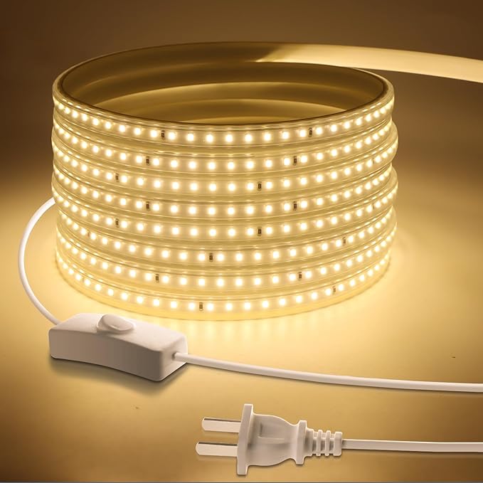 Super Bright Outdoor LED Strip Lights, AC 110V 3500K Flexible LED Rope Lights Waterproof 600 LEDs 16.4ft LED Light Strip for Garden Patio Cabinet Bedroom Indoor Outdoor Decoration (16.4FT,Warm White)