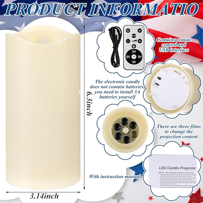 4th of July Flameless Candle Patriotic Projector Light USA 250th Anniversary Decoration LED Candle Battery Operated Night Light with Remote Timer Independence Day Memorial Red White Blue Table Decor