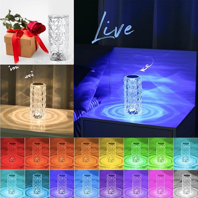 Rose Diamond Table Lamp RGB Color Changing Crystal Night Light, Touch Control Bedside Lamp with USB Rechargeable & Remote, Atmosphere Lamp for Mother's Day Valentines Wedding Decoration