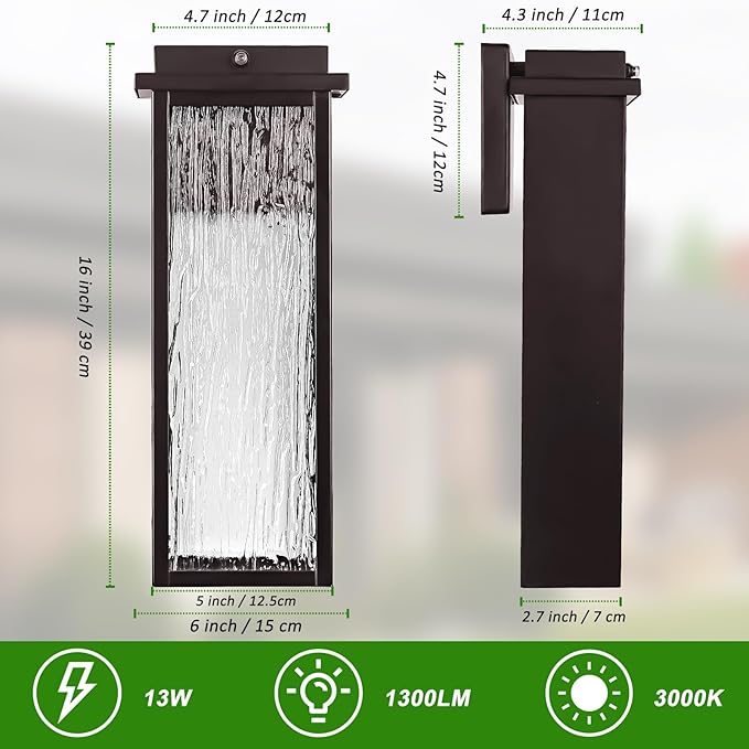 Oil Rubbed Bronze LED Dusk to Dawn Outdoor Lighting 2 Packs, 16" Large Outside Farmhouse Wall Lantern Brown, Industrial Porch Wall Mount Light Fixture with Rippled Glass, Modern Exterior Sconce Lamp