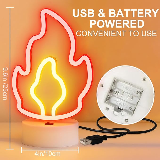 Fire Flame Neon Sign with Base, LED Fire Neon Lights for Room Decor, USB & Battery Powered Table Lamp Flame Led Light Sign for Home, Bedroom, Party, Birthday, Christmas Decor, Kids Gift