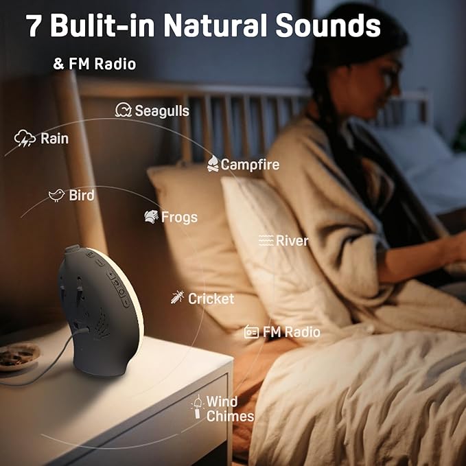JALL Wake Up Light Sunrise Alarm Clock for Kids, Heavy Sleepers, Bedroom, White Noise Sound Machine with 17 Nihgt Lights, 25 Soothing Sounds, Bluetooth Speaker, Dual Alarms, FM Radio, Wood Grain