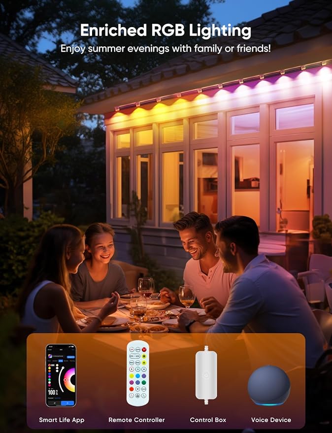 Permanent Outdoor Lights 100ft with 111 Lighting Scenes, 105° Optimal Light Angle, for Halloween Christmas, Compatible with Alexa, Google Assistant, IP67 Waterproof, Smart RGB Outdoor Lights 72 LEDs