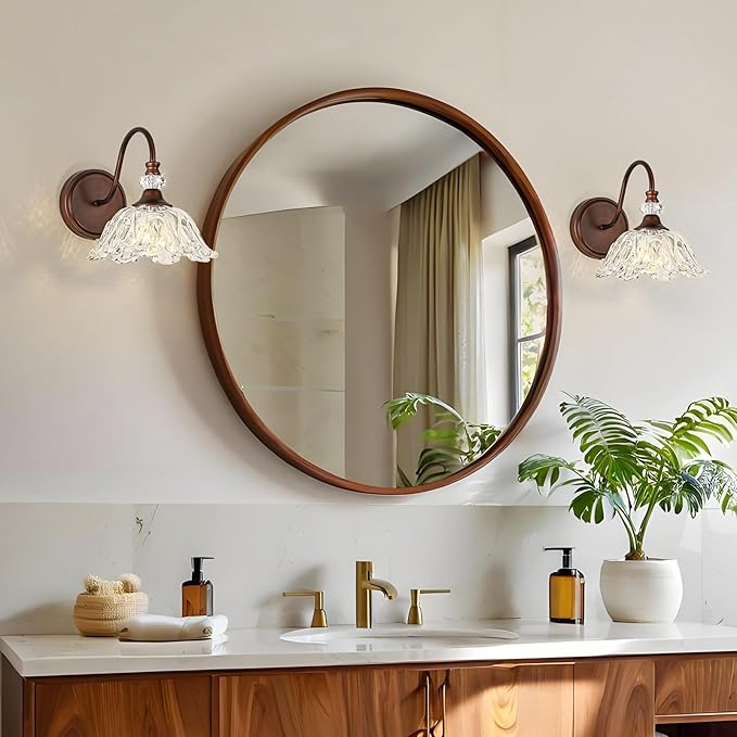 1-Piece Oil-Rubbed Bronze Vintage Wall Sconce with Floral Etched Clear Glass Shade, Farmhouse Wall Mount Lighting for Bathroom,Vintage Bathroom Vanity Light Fixtures