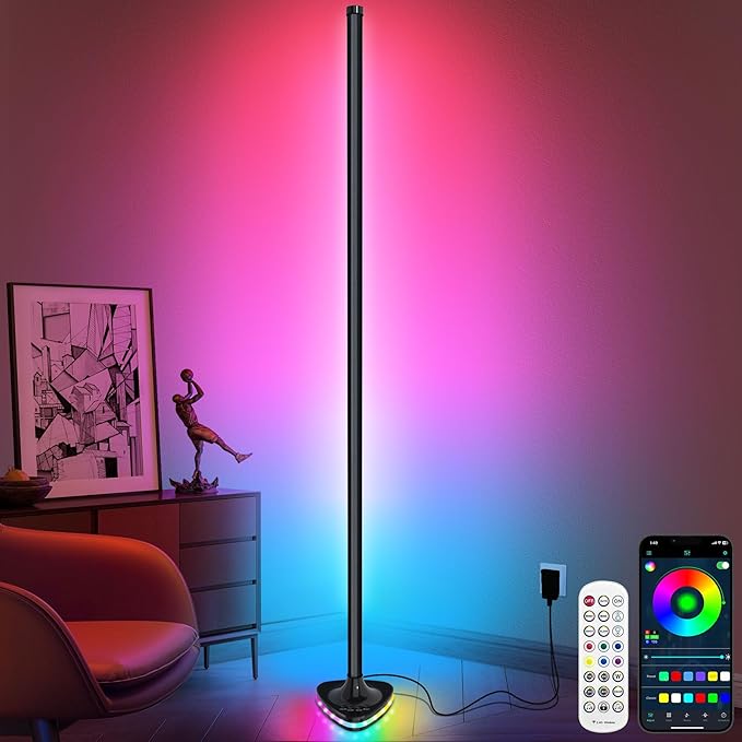 Corner Floor Lamp,Smart RGB LED corner Floor Lamps with Luminous Base,21W 1800LM Super Bright Floor lamp with APP&Remote,LED corners lamp with Music Sync&16Million Colo,Ambient Lighting-Black