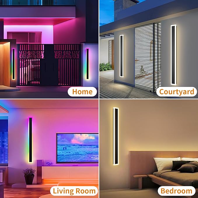 Outdoor RGB Long Wall Lights, 57.5inch 2 Pack RGB/Warm/White Dimmable Modern Led Wall Lighting, Ip65 Waterproof Long Wall Sconce with Remote and APP Control for Outdoor/Indoor