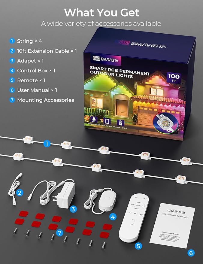 Smart Permanent Outdoor Lights Pro, 100ft 60LED RGB+IC+Warm/Cool White for Daily, 100+ Scene Modes, Waterproof Eaves Light for Halloween Christmas Decor, Works with Alexa, Google Assistant