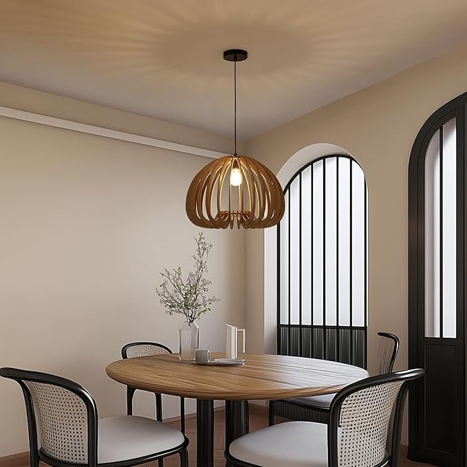 Vintage Wood Pendant Light Fixtures, Modern Farmhouse Walnut Dining Room Chandelier, Mid-Century Ceiling Mount Hanging Light Fixture for Kitchen, Bedroom, Living Room, Foyer, Art Decor, Black