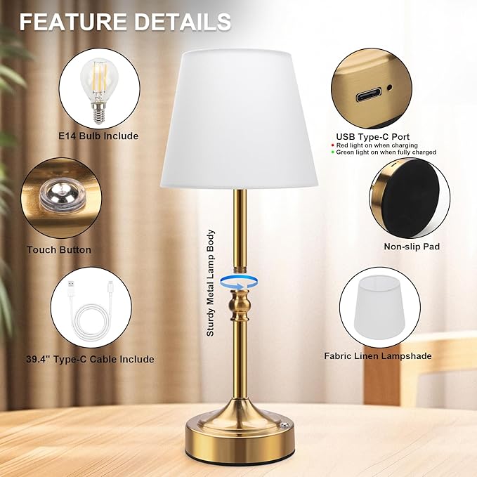 2 Pack Rechargeable Cordless Table Lamp, 5000mAh Battery Operated Lamps, Wireless 3-Level Dimmable Touch Lamp, Portable Night Bedside Brass Lamp, Desk Light for Patio Restaurant Dinnin (Gold)