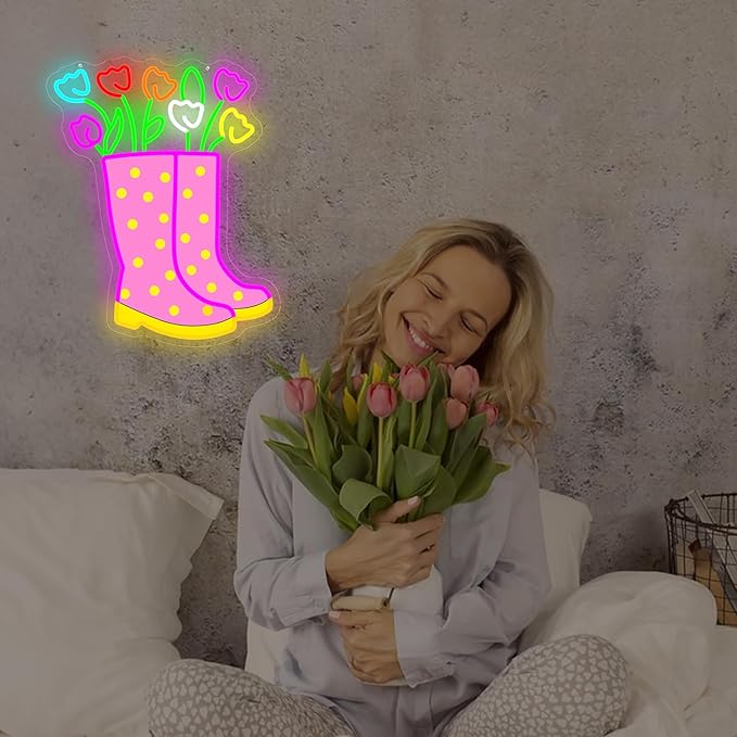 Spring Tulips Rain Boots Neon Sign Dimmable Flower Neon Lights Polka Dot Boot Tulip Light Up Sign Easter Led Wall Art Spring Decorations for Office Home Garden