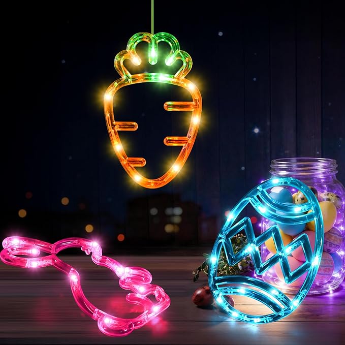 3Pack Easter Window Lights Decorations with Timer, Battery Powered Hanging Pink Orange Green Blue Lighted Bunny Carrot Egg Shaped Sucker LED Lamp for 2026 Holiday Indoor Home Decor