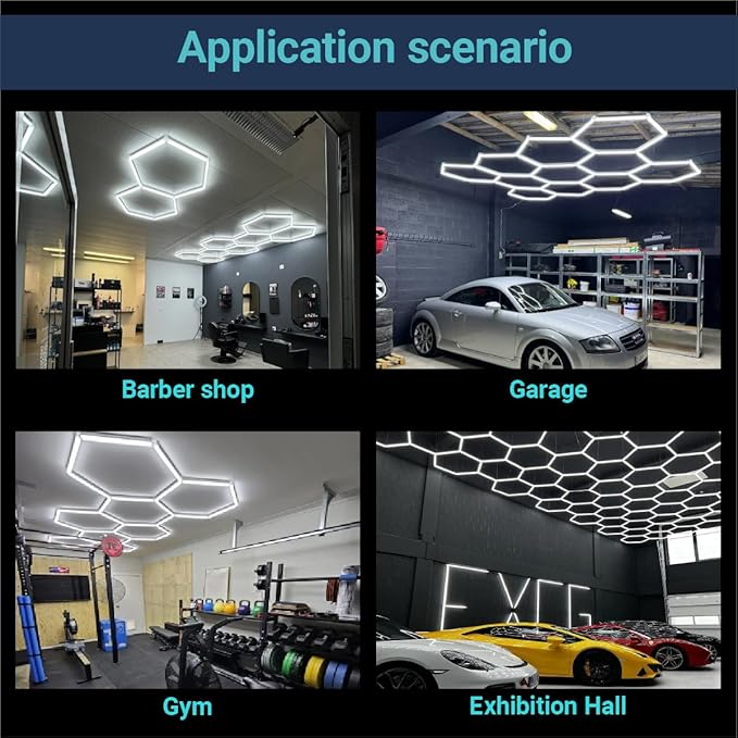 Dimmable Hexagon Garage Lights: Upgraded 3 Level Dimmable 46 Pack 11 Ceiling Honeycomb Hexagon LED Lights 6500K for Garage Basement Warehouse Auto Beauty Shop Car Detailing Shop etc.