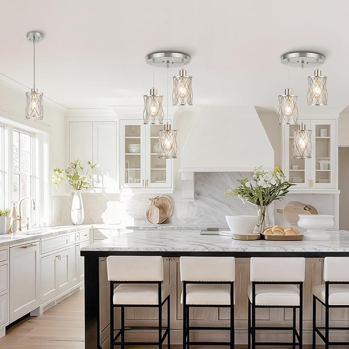 Refice 3-Light Pendant Lights Kitchen Island, Brushed Nickel Kitchen Cluster Hanging Pendant Lights with Clear Glass, Modern Cage Chandelier Light Fixture for Sink Dining Room Bedroom Bar