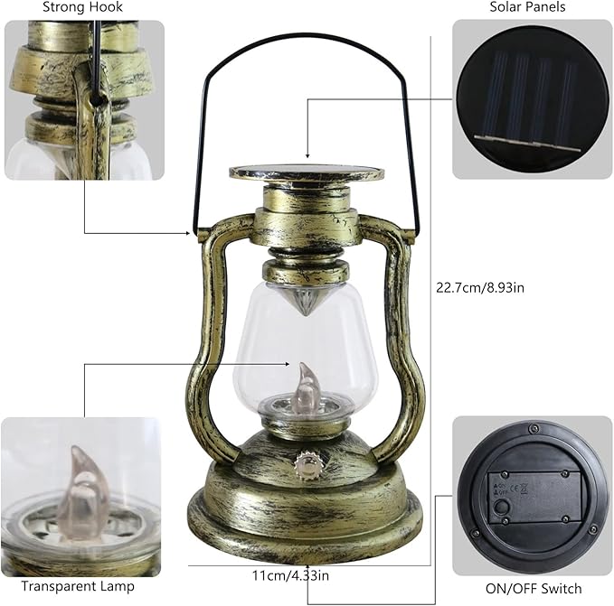 Solar Hanging Lanterns, Rechargeable Portable Metal Retro Camping Lamp for Tent Camping Garden Patio Deck, Pack of 2