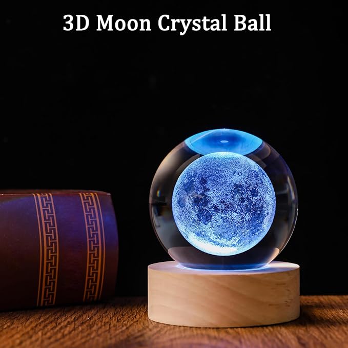3D Moon 60mm Crystal Ball Astronomy Universe Gifts 3D Moon Model Led Lamp Globe Night Light Physics Gifts for Kids Men Women Him Her Dad Science Teacher