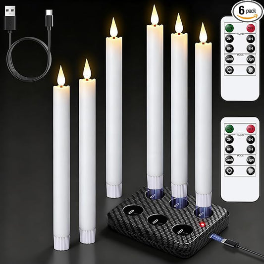 GenSwin Rechargeable Flameless Taper Candles with Charging Base, 6 Pack White LED Taper Candles Battery Operated with 2 Remote Timer, Real Wax Flameless Candlesticks for Holiday Christmas Home Decor