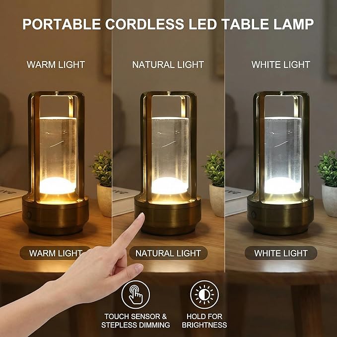 Cordless Table Lamp for Outdoor Indoor Rechargeable LED Crystal Lantern Lamp, 3 Color Stepless Dimming Touch Portable Metal Desk Lamp for Bedroom Restaurant Home Gold
