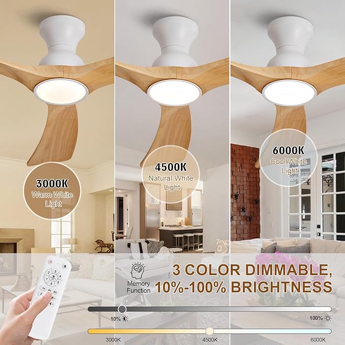 Flush Mount Ceiling Fans with Lights,52 inch,Remote Control,Wall Switch,Solid Wood Blades,Dimmable,Reversible Noiseless,Power Off Memory Modern Ceiling Fan for Bedroom Patio Indoor/Outdoor Use