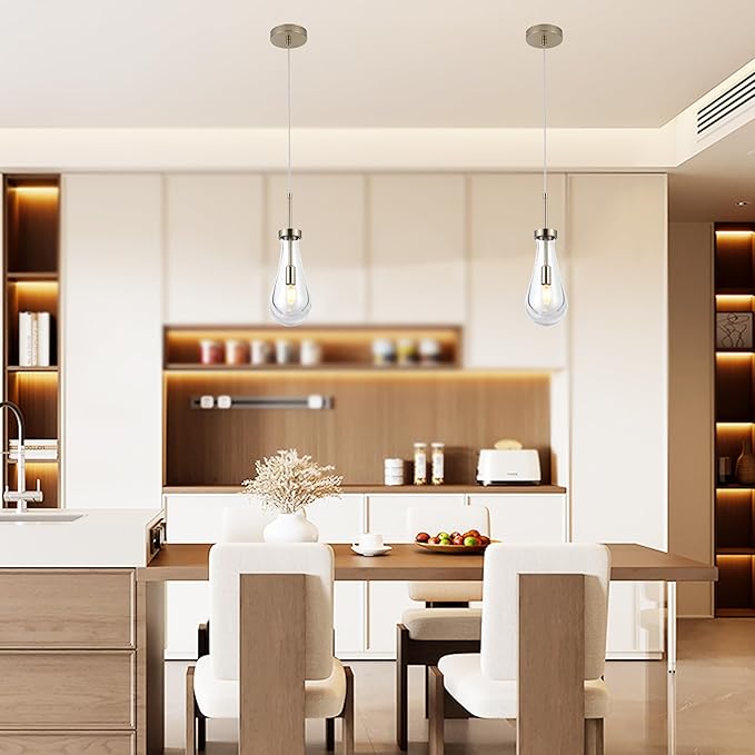 Brushed Nickel Pendant Light Fixtures, Teardrops Pendant Lights,Glass Pendant Lights Kitchen Island,1-Light Raindrop Pendant Lighting, for Kitchen Island,Dining Room,Bedroom, Bathroom