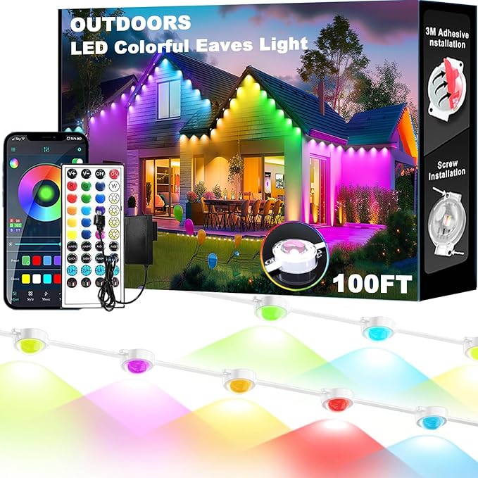 EJ's SUPER CAR Permanent Outdoor Lights, 100ft Smart Eave Lights with RGB LED Light, IP67 Waterproof, App Control, DIY RGB Light for House Halloween Decorations