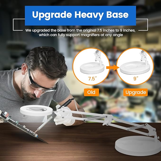 KIRKAS 10X Magnifying Glass with Light and Stand, 2-in-1 Stepless Dimmable LED Magnifying Lamp with Clamp, 3 Color Modes Lighted Magnifier Lens Swivel Arm Light for Reading, Craft, Close Works -White