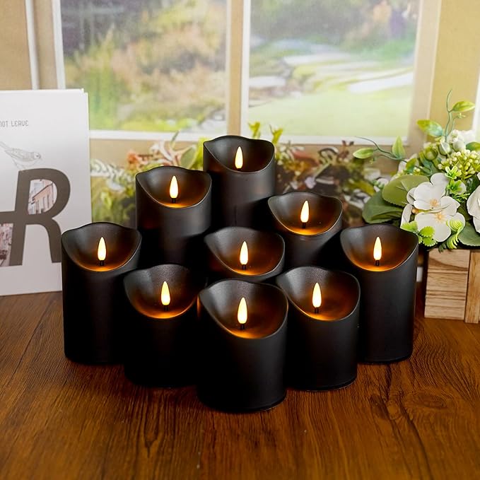 Flameless Candles with Remote Timer, Battery Operated Realistic Flickering LED Candles, 9 Packs Fake Candles for Home Decor (D3 x H 3" 4" 5" 6" 7") (Black)