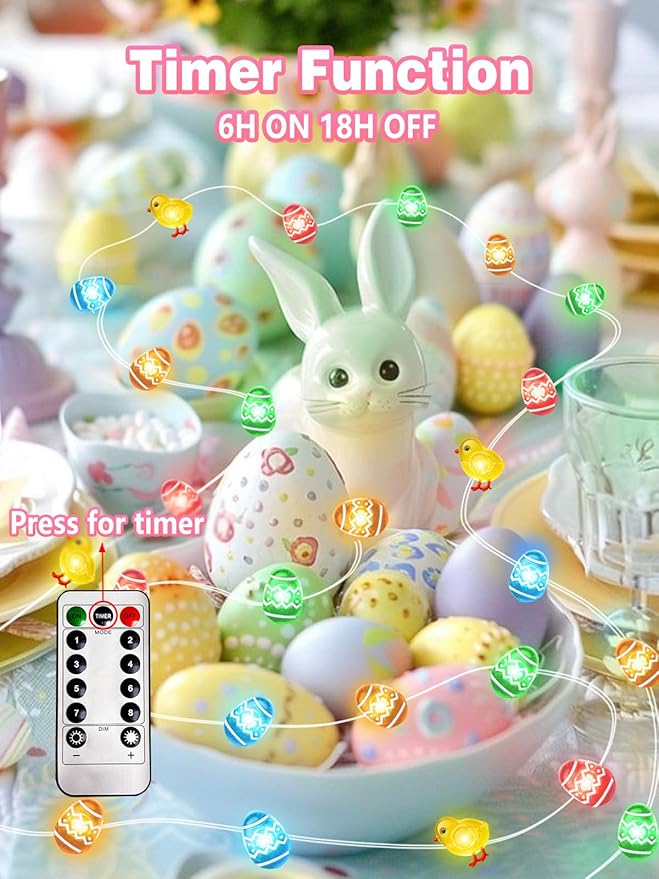 Easter Decoration Fairy Lights, 10 FT 30 LED Multicolor Eggs Chicken String Lights Battery Operated with Remote, 8 Modes Waterproof LED Light Mini Decor for Outdoor Indoor Easter Party Home DIY Decor