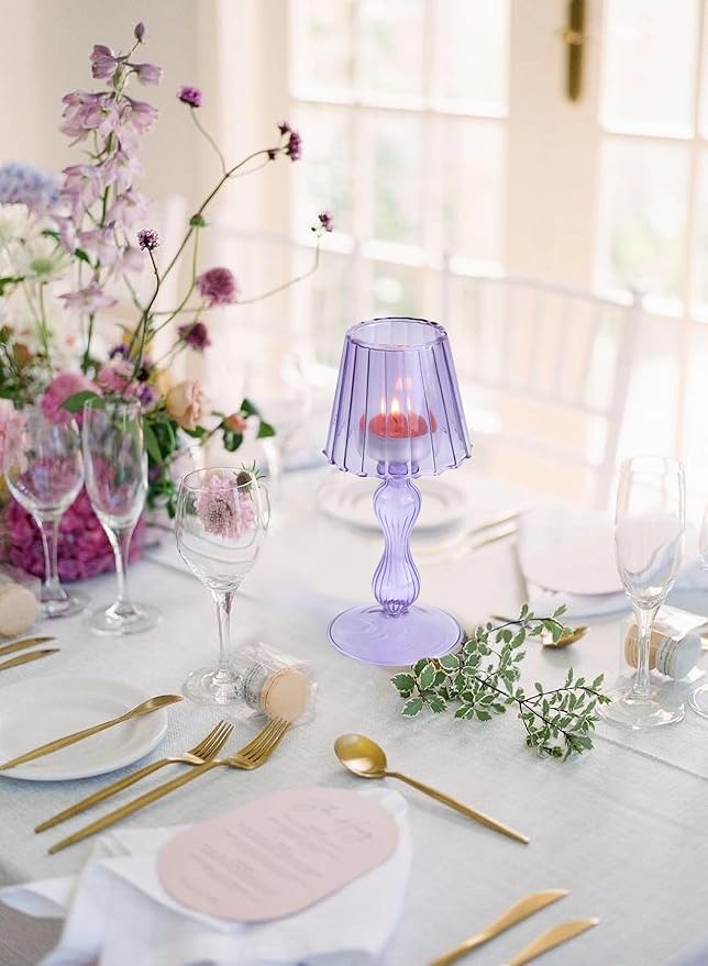 Desk Lamp Shaped Glass Candle Holder - Glass Hurricane Candleholder Crystal Decorative Candle Stand for Table Wedding Dinning Centerpieces Party Supplies Decor Purple