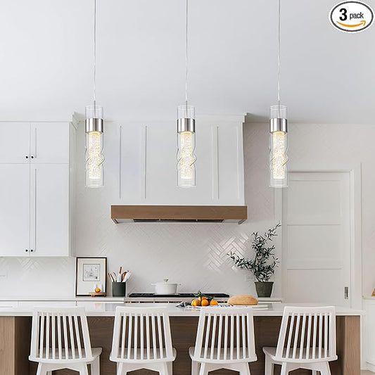 WILON Led Kitchen Ceiling Light, 24W Crystal Hanging Lights with Threaded Clear Glass, Adjustable Modern Led Kitchen Light Fixtures Pendant Light for Dining Room Bedroom(3 Pack)