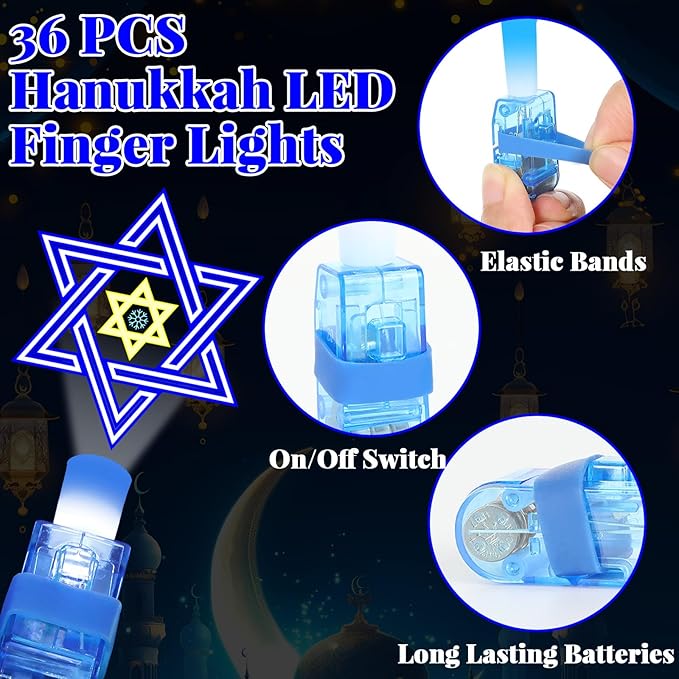 36Pcs Hanukkah LED Finger Lights Chanukkah Party Favors Glow in the Dark Light Up Finger Lights Themed Toys Bulk for Kids Adult Birthday Party Goodie Bag Stuffer Birthday Gifts Classroom Prize