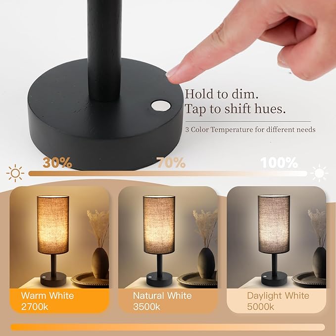 Small Table Lamp Nightstand Lamp Linen Lampshade Bedroom Wood Base Small Bedside Lamp for Night Stands, Desk Lamps for Reading Living Room, Office (LED Bulb Included) (Black and Cordless)