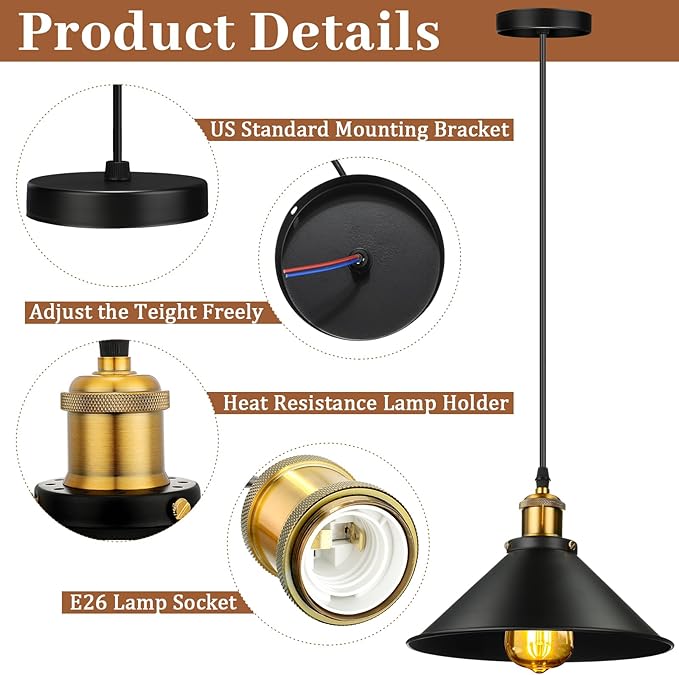 Retisee 12 Pcs Industrial Pendant Light Vintage Metal E26 Base Hanging Light Rustic Dome Pendant Lamp Fixture Farmhouse Kitchen Hanging Ceiling Lamp for Dining Room Bedroom Hallway Bar(Black)
