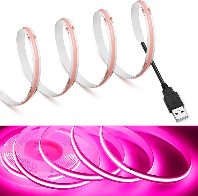 MDee】COB LED Strip Lights Pink3.28ft/1m USB Powered 5V Flexible LED Tape Lights with USB Connector CRI 90+ 800LM/m 320LEDs/m for Indoor and Outdoor Décor（Pink3.28ft/1m）
