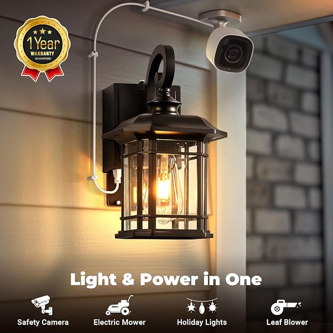 Dusk to Dawn Outdoor Wall Lights with GFCI Outlet, Oil-Rubbed Bronze Exterior Lights for House with Seeded Glass, Anti-Rust Outdoor Light Fixture, Waterproof Front Porch Light for Yard, Patio