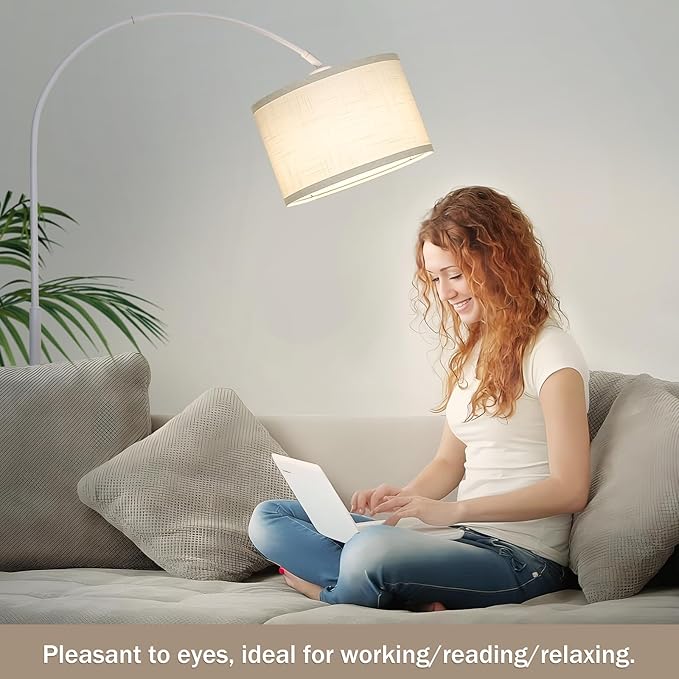 Seaside village Standing Lamp for Living Room, Dimmable Arc Floor Lamp with White Adjustable Hanging Shade, Modern Pole Lamp Tall Reading Light for Bedroom, Over Couch, Office, 9W LED Bulb Included