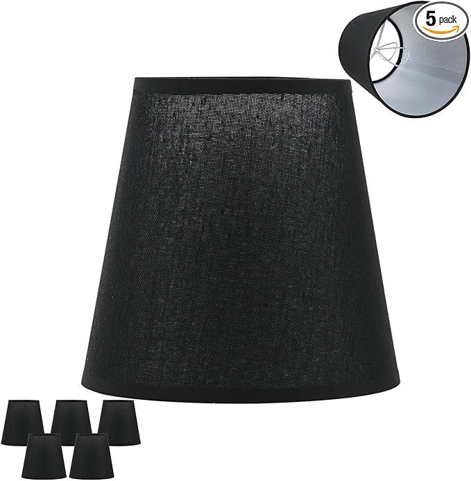 5 Pack Black Chandelier Shades, 4" Top x 6" Bottom x 6" High Barrel Lamp Shade, 4.0x6.0x6.0 Inch Linen Fabric, Perfect Fit for 5-Light Pendant Light Wall Sconce, Clip On Bulb E12 Socket(Large Size)