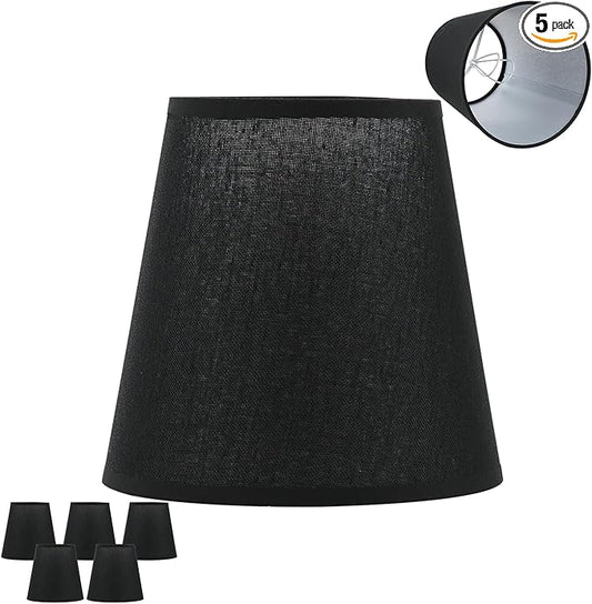5 Pack Black Chandelier Shades, 4" Top x 6" Bottom x 6" High Barrel Lamp Shade, 4.0x6.0x6.0 Inch Linen Fabric, Perfect Fit for 5-Light Pendant Light Wall Sconce, Clip On Bulb E12 Socket(Large Size)