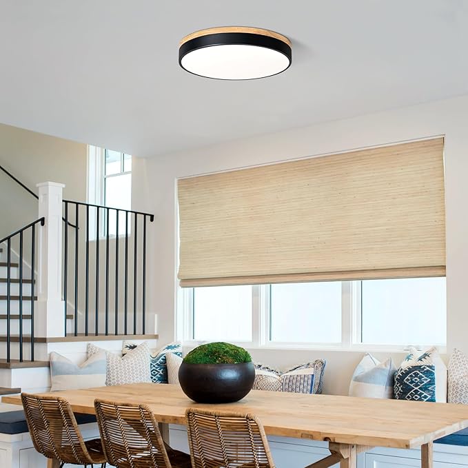 Dimmable Wood LED Ceiling Light, 5CCT 2700K-6000K Modern Black Flush Mount Ceiling Lamp, Minimalist Round Close to Ceiling Lighting Fixture for Living Room, Bedroom, Kitchen, 15.74in