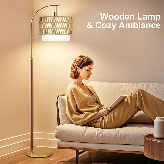 Boho Floor Lamps for Living Room Wood Floor Lamp with Remote Control,Dimmable Rattan Floor Lamps Farmhouse Gold Standing Lamp with 3 Color Temperature Tall Arc Floor Lamp for Bedroom Corner