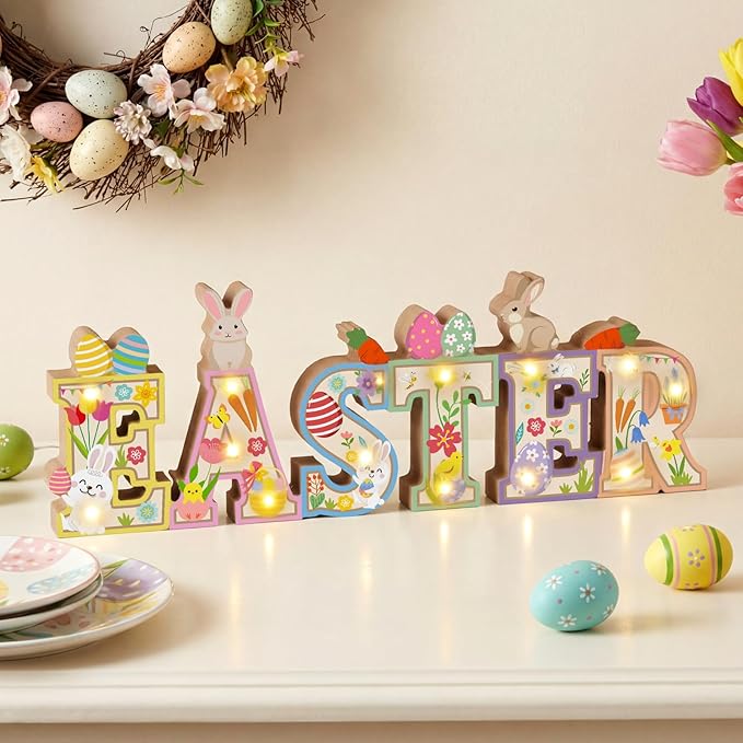 Patelai Easter Table Decoration Wooden Sign with LED Lights Easter Lighted Decor Rustic Farmhouse Table Centerpiece with 3D LED Bunny Egg Flower Tiered Tray Home Party Spring Decor (Without Batteries)