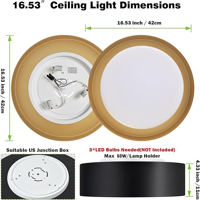 Modern Black and Gold Flush Mount Ceiling Lights, 16.5" Minimalist Glass Round Ceiling Lighting, Drum Close to Ceiling Light Fixtures for Living Room, Bedroom, Dining Room, Kitchen, Hallways