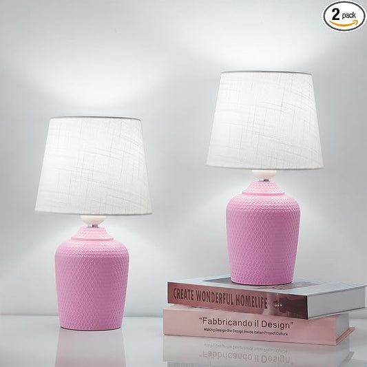 Sucolite Small 11.8'' Table Lamps Set of 2, Bedside Nightstand Lamps for Bedroom Kid’s Room, Cute Desk Lamps with Studded Texture Base for Reading Nursery Living Room Office, Pink